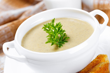 A cup of vegetable soup with parsley and fried bread.