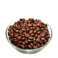 coffee beans heap in transparent glass bowl, isolated on white