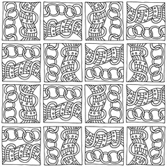 Seamless black and white pattern in the style of zentangle, consists of squares with ornaments, handmade, abstract