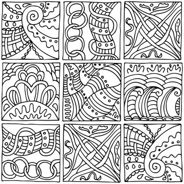 Seamless black and white pattern in the style of zentangle, consists of nine squares with different ornaments, handmade
