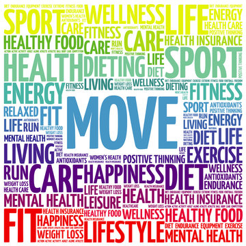 MOVE word cloud background, health concept