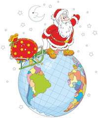 On Christmas eve Santa Claus going on a globe and pulling a sack of gifts on his sled
