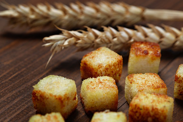 Fried bread cut into cubes for cooking.