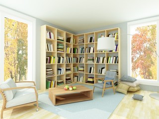 Light cozy room with bookshelves and armchairs