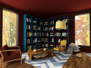 Rendering of interior of bright cozy room with dark red and brown walls, blue bookshelves, coffee table, two comfortable retro armchairs and autumn trough the window