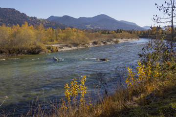 Idyllische Herbstlandschaft an der Isar, mit Alpenblick, Oberbay