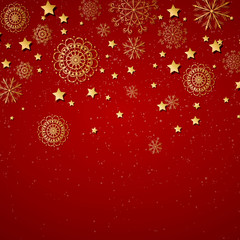 Vector Illustration of a Decorative Christmas Background with Golden Snowflakes and Stars