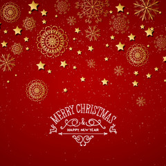 Fototapeta premium Vector Illustration of a Decorative Christmas Background with Golden Snowflakes and Stars