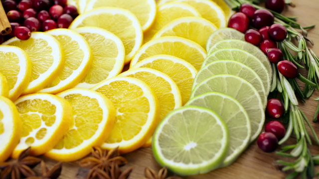 Sliced fresh organic food ready for preparing winter sangria