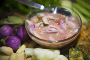 shrimp paste chilli sauce with blanching vegetables