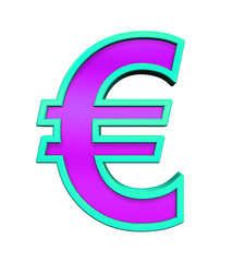 Euro sign from purple glass with blue frame alphabet set, isolated on white. Computer generated 3D photo rendering.