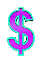 Fototapeta premium Dollar sign from purple glass with blue frame alphabet set, isolated on white. Computer generated 3D photo rendering.