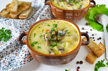 Cheese soup with mushrooms