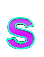 One lower case letter from purple glass with blue frame alphabet set, isolated on white. Computer generated 3D photo rendering.