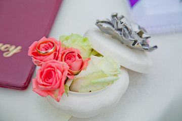 wedding rings on flowers