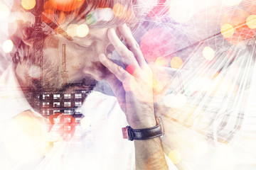Double exposure portrait of worried male architect