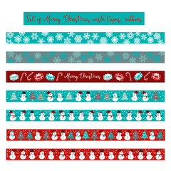 Merry Christmas washi tape scrapbook ribbon items in blue, turquoise, grey and red colors.