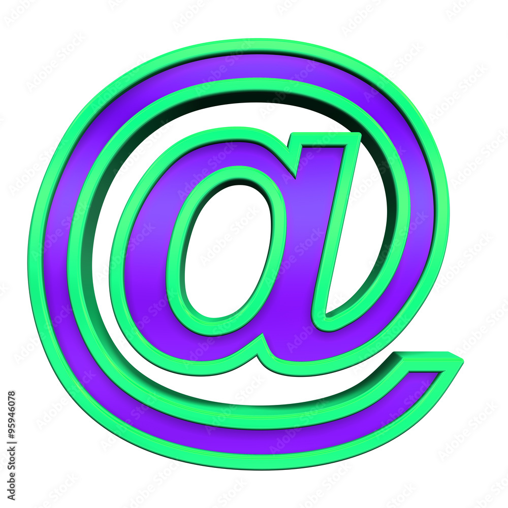 Fototapete mail sign from violet glass with green frame alphabet set, isolated on white. computer generated 3d 