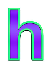 One lower case letter from violet glass with green frame alphabet set, isolated on white. Computer generated 3D photo rendering.