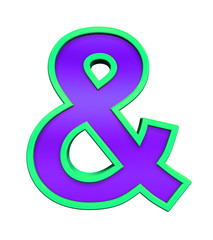 And sign from violet glass with green frame alphabet set, isolated on white. Computer generated 3D photo rendering.