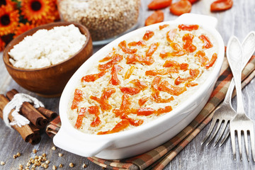 Buckwheat casserole with cottage cheese and dried apricots