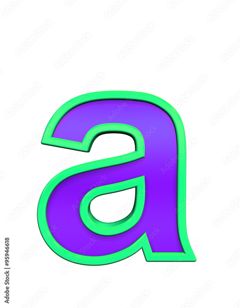 Fototapete one lower case letter from violet glass with green frame alphabet set, isolated on white. computer g