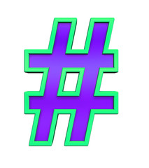 Number mark sign from violet glass with green frame alphabet set, isolated on white. Computer generated 3D photo rendering.