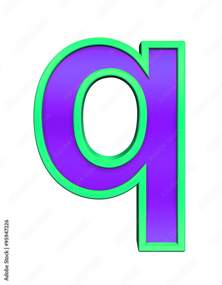 Fototapete one lower case letter from violet glass with green frame alphabet set, isolated on white. computer g