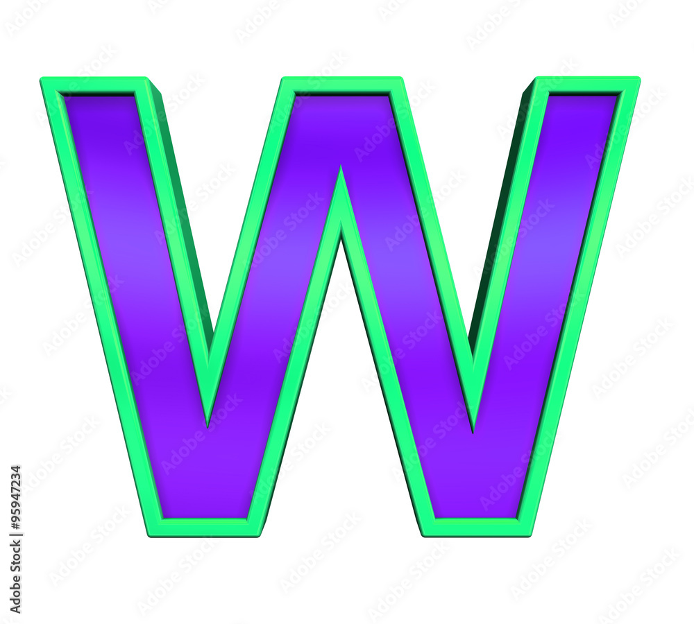 Fototapete one letter from violet glass with green frame alphabet set, isolated on white. computer generated 3d