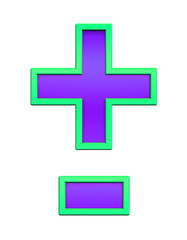 Obraz premium Hyphen, minus, plus marks from violet glass with green frame alphabet set, isolated on white. Computer generated 3D photo rendering.