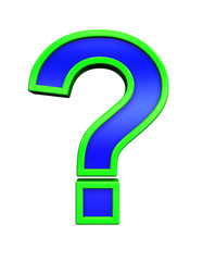 Question mark sign from blue glass with green frame alphabet set, isolated on white. Computer generated 3D photo rendering.