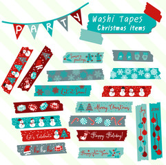 Merry Christmas washi tape scrapbook items in blue, turquoise, grey and red colors.