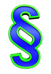 Paragraph sign from blue glass with green frame alphabet set, isolated on white. Computer generated 3D photo rendering.