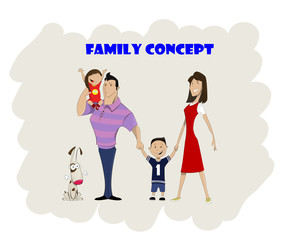 Happy family of four and dog