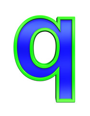 One lower case letter from blue glass with green frame alphabet set, isolated on white. Computer generated 3D photo rendering.