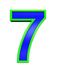 One digit from blue glass with green frame alphabet set, isolated on white. Computer generated 3D photo rendering.