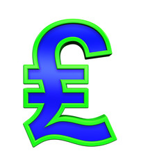 Pound sign from blue glass with green frame alphabet set, isolated on white. Computer generated 3D photo rendering.