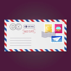 Envelope with stamps (hexagon, muffin and paper airplane) vector