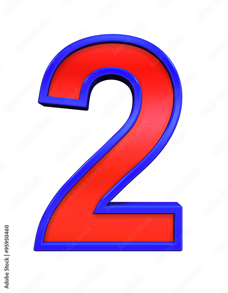 Fototapete One digit from red glass with blue frame alphabet set, isolated on white. Computer generated 3D photo rendering.