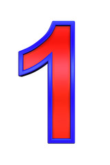 One digit from red glass with blue frame alphabet set, isolated on white. Computer generated 3D photo rendering.