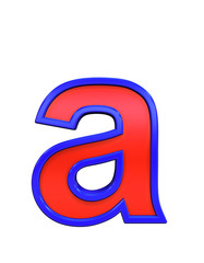 One lower case letter from red glass with blue frame alphabet set, isolated on white. Computer generated 3D photo rendering.