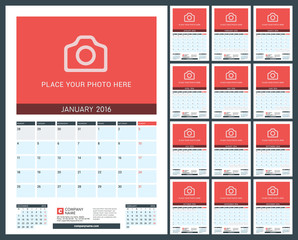Wall Calendar Planner for 2016 Year. Vector Design Print Template with Place for Photo. Week Starts Monday. Set of 12 Months