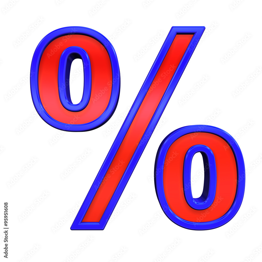 Fototapete percent sign from red glass with blue frame alphabet set, isolated on white. computer generated 3d p