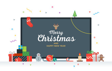 Large TV with Congratulatory text Merry Christmas and Happy New Year, gifts, presents, bauble, candy. Geek Card
