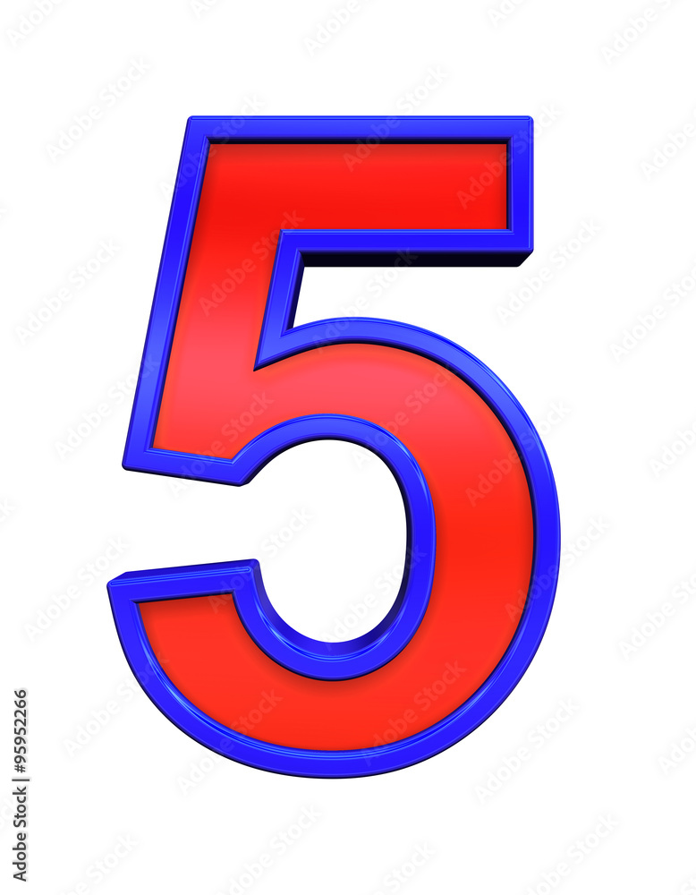 Fototapete one digit from red glass with blue frame alphabet set, isolated on white. computer generated 3d phot