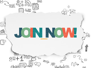Social network concept: Join now! on Torn Paper background