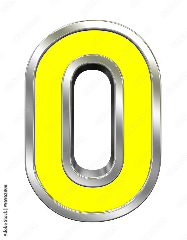 Fototapete one digit from yellow with chrome frame alphabet set, isolated on white. computer generated 3d photo