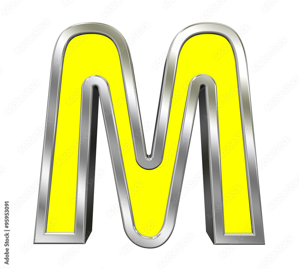 Fototapete One letter from yellow with chrome frame alphabet set, isolated on white. Computer generated 3D photo rendering.