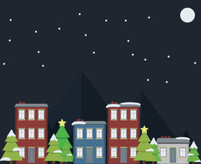 Merry Christmas greeting card design with buildings, Christmas tree, santa, snow, monkey, mountain and moon