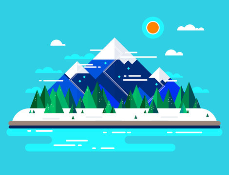 Vector winter landscape. Flat design. Mountains, nature, trees and snow.